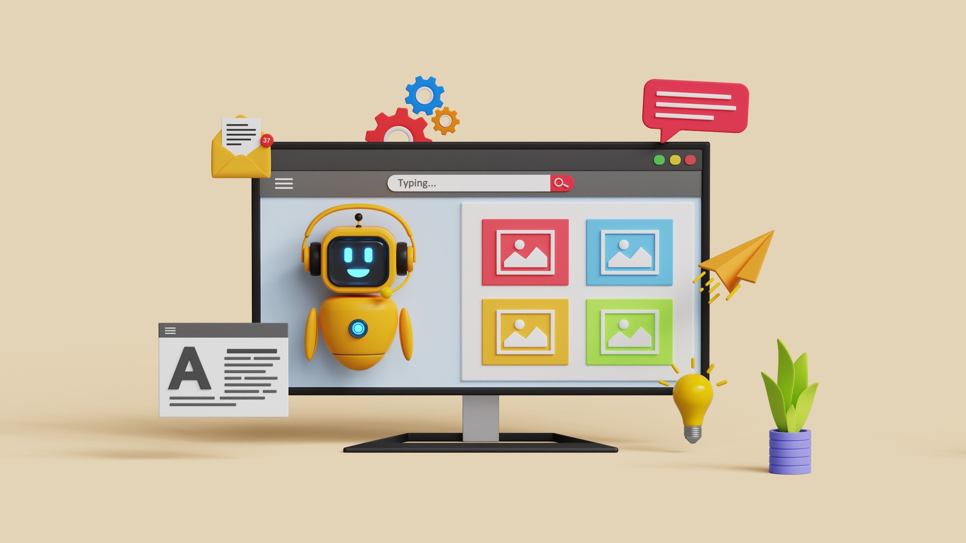 Generative AI tool. AI prompt image generator technology. Prompt engineering or AI image creation concept. 3D chatbot creating image variations